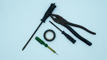 image of Electrician tool kit on white background isolated image photo