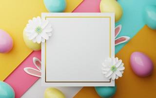 Easter colorful decorated Color Painted Egg, Spring Flower and Rabbit Ears on Colorful Background. Minimal easter concept. Happy Easter card with copy space for text. 3d rendering. photo