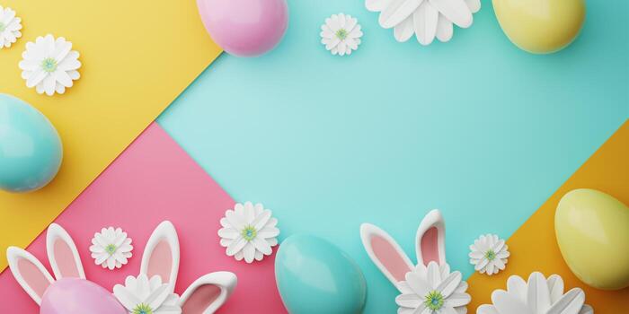 Easter colorful decorated Color Painted Egg, Spring Flower and Rabbit Ears on Colorful Background. Minimal easter concept. Happy Easter card with copy space for text. 3d rendering. photo