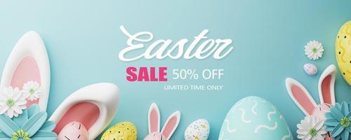 Easter sale banner design. Easter sale text up to 50percent off promotion with 3d realistic bunny and eggs for seasonal shop discount advertisement. 3d rendering. photo