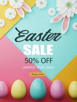 Easter Sale Illustration with Color Painted Egg, Spring Flower and Rabbit Ears on Colorful Background. Holiday Design Template for Coupon, Banner, Voucher or Promotional Poster. 3d rendering. photo