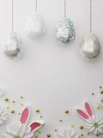 Easter colorful decorated eggs hanging on white background. Luxury easter concept. Happy Easter card with copy space for text. 3d rendering. photo