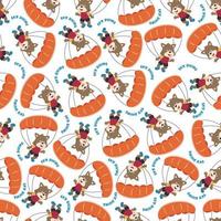 Seamless vector pattern of a cute fox flying with a parachute. Design concept for kids textile print, nursery wallpaper, wrapping paper. Cute funny background.