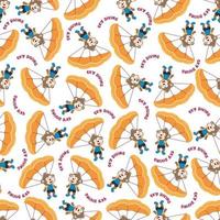 Seamless vector pattern of a cute fox flying with a parachute. Design concept for kids textile print, nursery wallpaper, wrapping paper. Cute funny background.