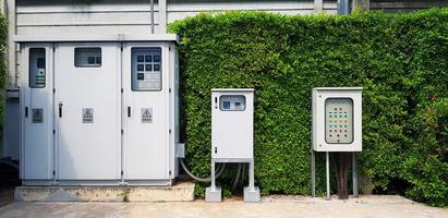 Big and small Electrical and lighting control cabinets installed outside and have high voltage warning signs. Electricity system with green leaves and wall background. Object and electronic equipment. photo