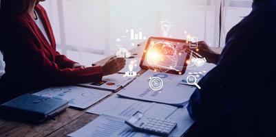 woman Hand holding virtual Global Internet connection metaverse. Business global internet connection application technology and digital marketing, Financial and banking, Digital link tech, big data. photo