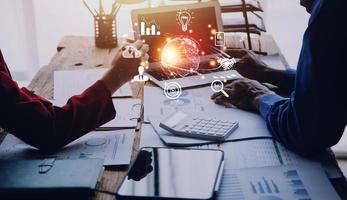 woman Hand holding virtual Global Internet connection metaverse. Business global internet connection application technology and digital marketing, Financial and banking, Digital link tech, big data. photo