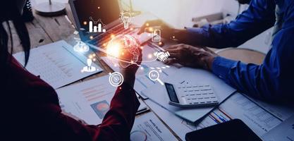 woman Hand holding virtual Global Internet connection metaverse. Business global internet connection application technology and digital marketing, Financial and banking, Digital link tech, big data. photo