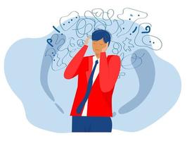 man suffers from obsessive thoughts headache unresolved issues psychological trauma depression.Mental stress panic mind disorder  Flat vector illustration.