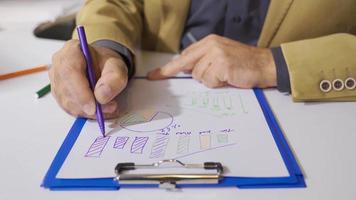 Businessman's hand working on statistical data. Businessman drawing and working on financial data and statistics. video