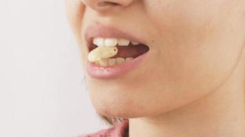 Woman eating cashew in close-up. Nuts. Woman eating fresh cashew close-up. video