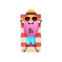Cartoon vitamin B3 happily sunbathing on beach mat vector