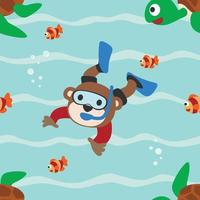 Seamless pattern texture with little monkey and bear are swim in  underwater. For fabric textile, nursery, baby clothes, background, textile, wrapping paper and other decoration. vector