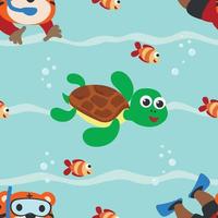 Seamless pattern texture with little monkey and bear are swim in  underwater. For fabric textile, nursery, baby clothes, background, textile, wrapping paper and other decoration. vector