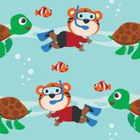 Seamless pattern texture with little monkey and bear are swim in  underwater. For fabric textile, nursery, baby clothes, background, textile, wrapping paper and other decoration. vector