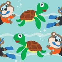 Seamless pattern texture with little monkey and bear are swim in  underwater. For fabric textile, nursery, baby clothes, background, textile, wrapping paper and other decoration. vector