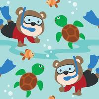 Seamless pattern texture with little monkey and bear are swim in  underwater. For fabric textile, nursery, baby clothes, background, textile, wrapping paper and other decoration. vector