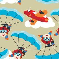 Seamless pattern vector with skydiver tiger, parachute and planes. Design concept for kids textile print, nursery wallpaper, wrapping paper. Cute funny background.