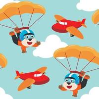 Seamless pattern vector with skydiver tiger, parachute and planes. Design concept for kids textile print, nursery wallpaper, wrapping paper. Cute funny background.