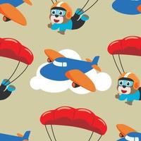 Seamless pattern vector with skydiver tiger, parachute and planes. Design concept for kids textile print, nursery wallpaper, wrapping paper. Cute funny background.