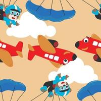 Seamless pattern vector with skydiver tiger, parachute and planes. Design concept for kids textile print, nursery wallpaper, wrapping paper. Cute funny background.