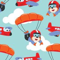 Seamless pattern vector with skydiver tiger, parachute and planes. Design concept for kids textile print, nursery wallpaper, wrapping paper. Cute funny background.