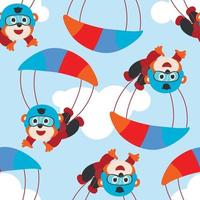 Seamless pattern vector with skydiver tiger, parachute and planes. Design concept for kids textile print, nursery wallpaper, wrapping paper. Cute funny background.