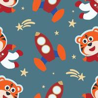 Seamless pattern cute astronaut  animal in space with cartoon style. space rockets, planets, stars. Creative vector childish background for fabric, textile, nursery wallpaper, card, poster.