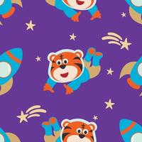 Seamless pattern cute astronaut  animal in space with cartoon style. space rockets, planets, stars. Creative vector childish background for fabric, textile, nursery wallpaper, card, poster.