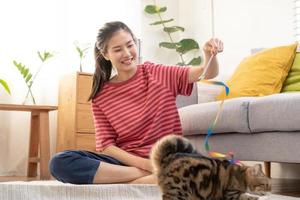 recreación, hermosa propietario gatito asiático joven mujer, niña contento cara en gratis hora en casual participación juguete jugando con cariñoso gato, sentado en alfombra en vivo habitación mientras descanso a su hogar o departamento. foto