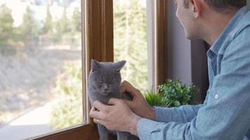 el gato y el hombre son acecho fuera el ventana. el hombre es mirando fuera el ventana con su gato. video