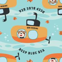 Seamless pattern submarine with cute sailor under sea. Cute Marine pattern for fabric, baby clothes, background, textile, wrapping paper and other decoration. vector