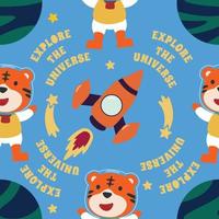 vector sin costura modelo con linda pequeño Tigre astronauta, cohete y estrellas. creativo vector infantil antecedentes para tela, textil, guardería fondo de pantalla, póster, folleto vector ilustración