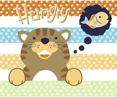 Vector illustration of cartoon funny cat with fish on footpath background pattern