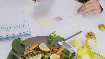 Female dietitian is planning a healthy food diet. A dietitian who prepares a diet program for his patients for a healthy life. video