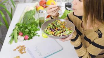 comendo saudável. jovem mulher em dieta come salada. mulher decidir saudável vida come salada às mesa cheio do frutas e legumes. video