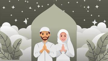 Animated Muslim female and male characters greeting, greeting Ramadan Karerm, Eid Mubarak, Islamic activities, there are moving clouds, stars, and plants with a greenish gray color video