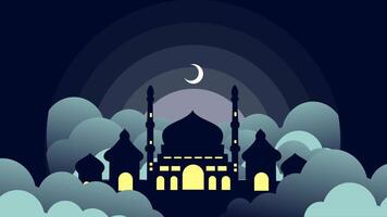 silhouette di moschea con inizio e chiaro di luna a notte, islamico video per Ramadan kareem, eid mubarak, o altro islamico attività