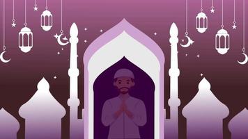 animated Islamic male characters greeting, Eid Mubarak animation, holiday animation videos, mosque silhouettes, purple, Arabic ornaments video