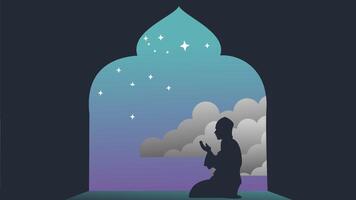 silhouette of people praying, cloudy sky view, ramadan kareem animation, eid mubarak. video