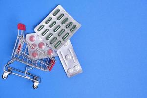 Pills in a shopping cart on blue background.