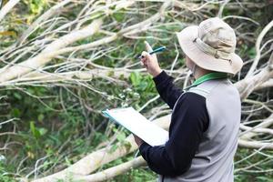 Side view of a botanist man is surveying botanical plants in forest, holds paper clipboard. Concept,Survey ,research botanical plants. Forest and environment conservation. photo