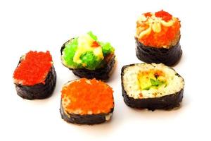 Homemade sushi rolls on white background. Variety topping. Concept, Traditional Japanese food. Cuisine, culture eating lifestyle. Favorite street food in Thailand.