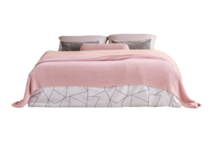 Bed with pink sheets and pillows isolated on a transparent background png