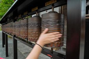 Hand turning prayer wheels photo