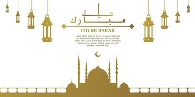 Eid Mubarak illustration with golden colored mosque and lantern silhouette, Eid greeting banner, Invitation Template, social media, etc. Eid Mubarak themed flat vector illustration.