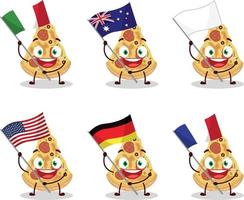 Slice of pizza cartoon character bring the flags of various countries vector