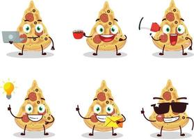 Slice of pizza cartoon character with various types of business emoticons vector