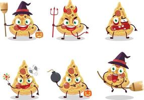 Halloween expression emoticons with cartoon character of slice of pizza vector