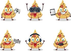 Slice of pizza cartoon character are playing games with various cute emoticons vector